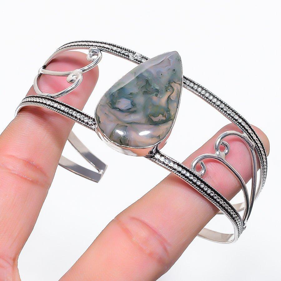 

Natural Indian Moss Agate Gemstone 925 Sterling Silver Cuff Bangle Adj s4R42
