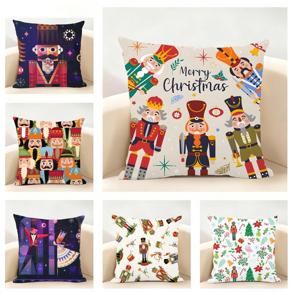 Nutcracker Soldier Christmas Cushion Cover Linen Pillowcase Soft for Sofa Bed Home Room Decor