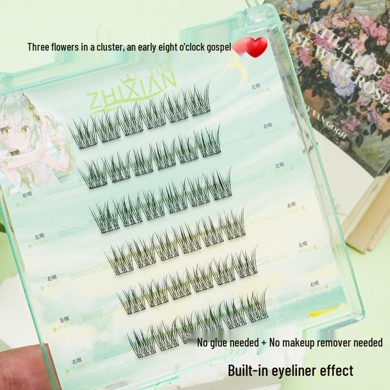 Zhixian Sleek Triple Fish Tail False Eyelashes - No-Glue, Single Cluster, Invisible, Fresh, Non-Smudging.
