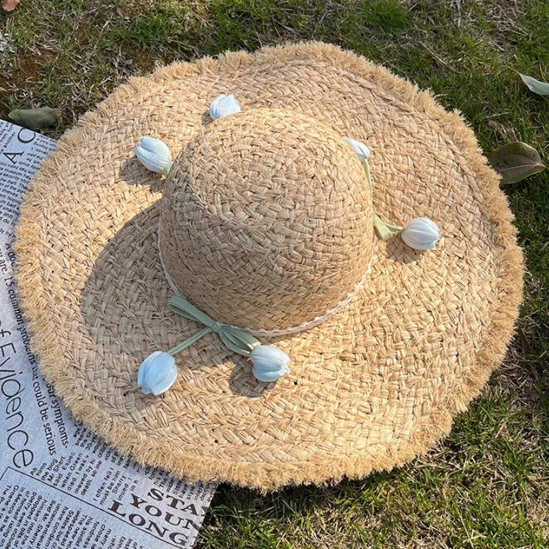 Japanese and French Sweet Tulips Straw Hat Sun Protection Big Brim Sun Protection Lafite French Big Brim Straw Hat