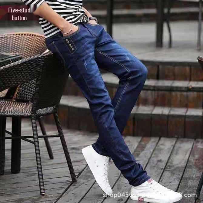 Men's Korean Style Trendy Slim Fit Elastic Jeans, Casual Spring & Autumn Pants