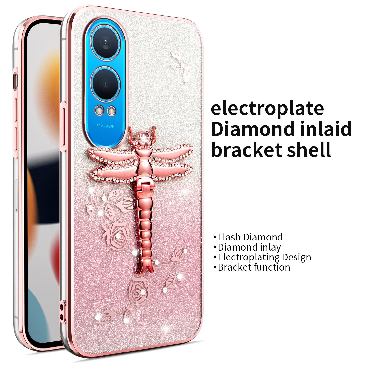 

For OnePlus Nord CE4 Lite 5G Case Dragonfly Kickstand TPU Flowers Glitter Phone Cover Pink