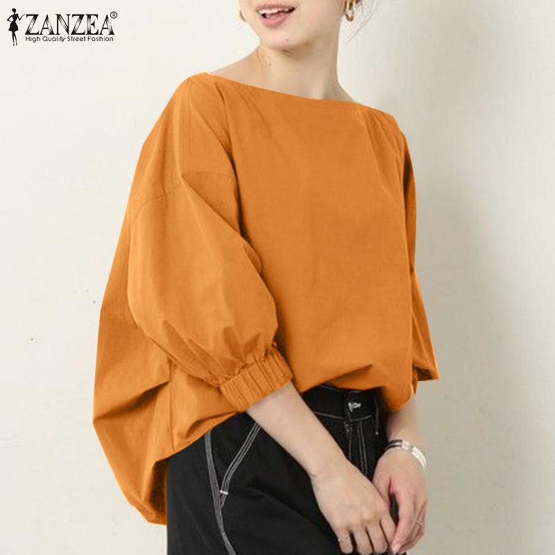 

ZANZEA Женская однотонная свободная блузка-пуловер с круглым вырезом и рукавами-фонариками 3/4