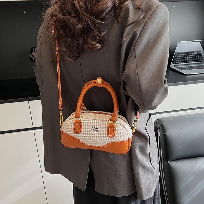 Contrasting Color Retro Small Bowling Bag Niche Design Women's Handbag Simple Commuter Boston Shoulder Pillow Bag