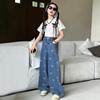Summer Casual Style Jeans For Girl Teenage Clothes Bow Print Denim Wide Leg Pants Spring Big Kids Straight Trousers