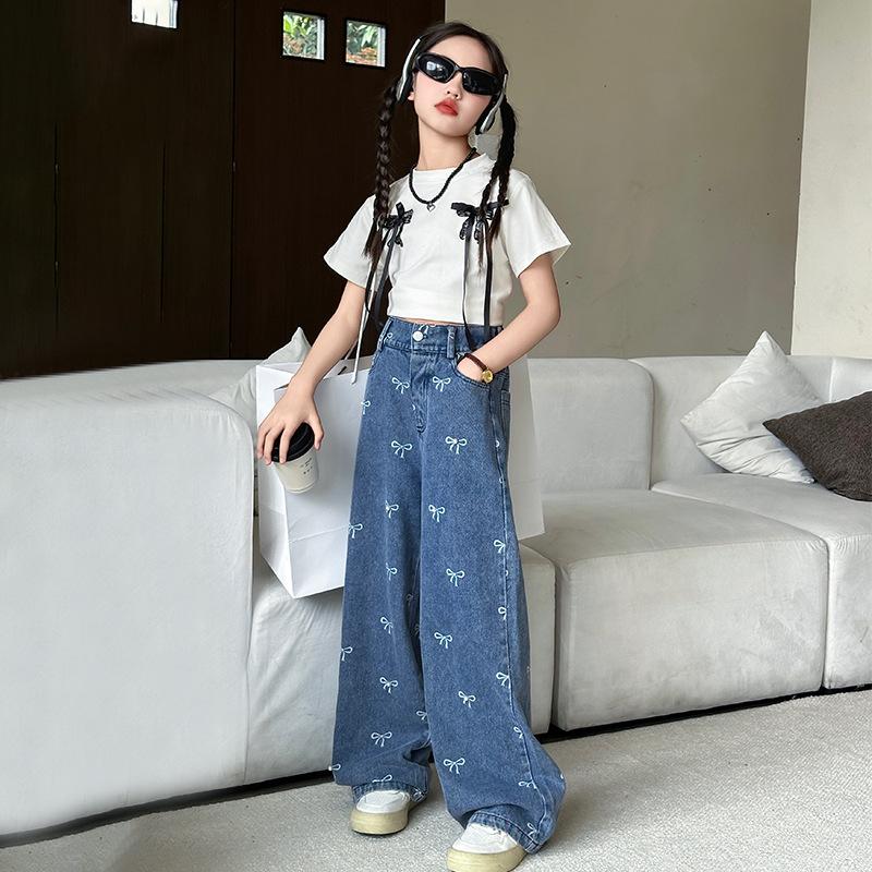 Summer Casual Style Jeans For Girl Teenage Clothes Bow Print Denim Wide Leg Pants Spring Big Kids Straight Trousers