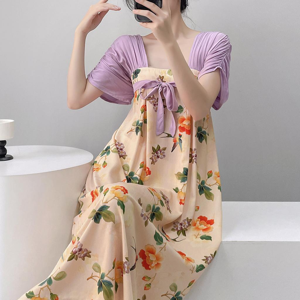 Short-sleeved cotton silk nightgown women's summer square collar improved Hanfu national style cotton silk skirt loungewear can be worn outside