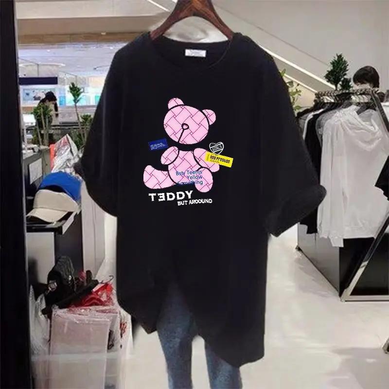 

Женская базовая футболка с круглым вырезом и мультяшным принтом, повседневный свободный хлопковый свитер с коротким рукавом, топ оверсайз, летняя новинка 4XL