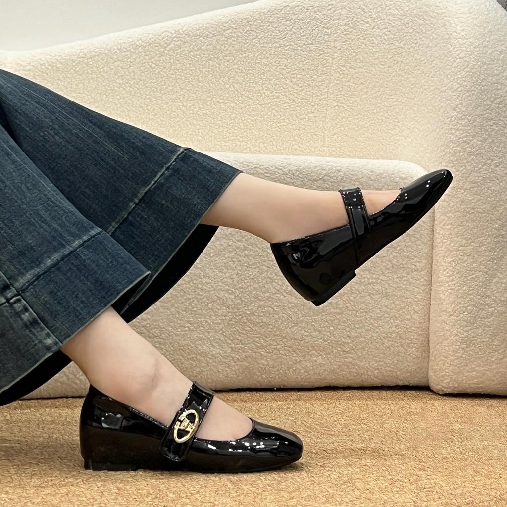 Cowhide Version~ Small Inner Height Increase Retro Square Head with Genuine Leather Mary Jane Shoes Women's Shallow Mouth Single Shoes