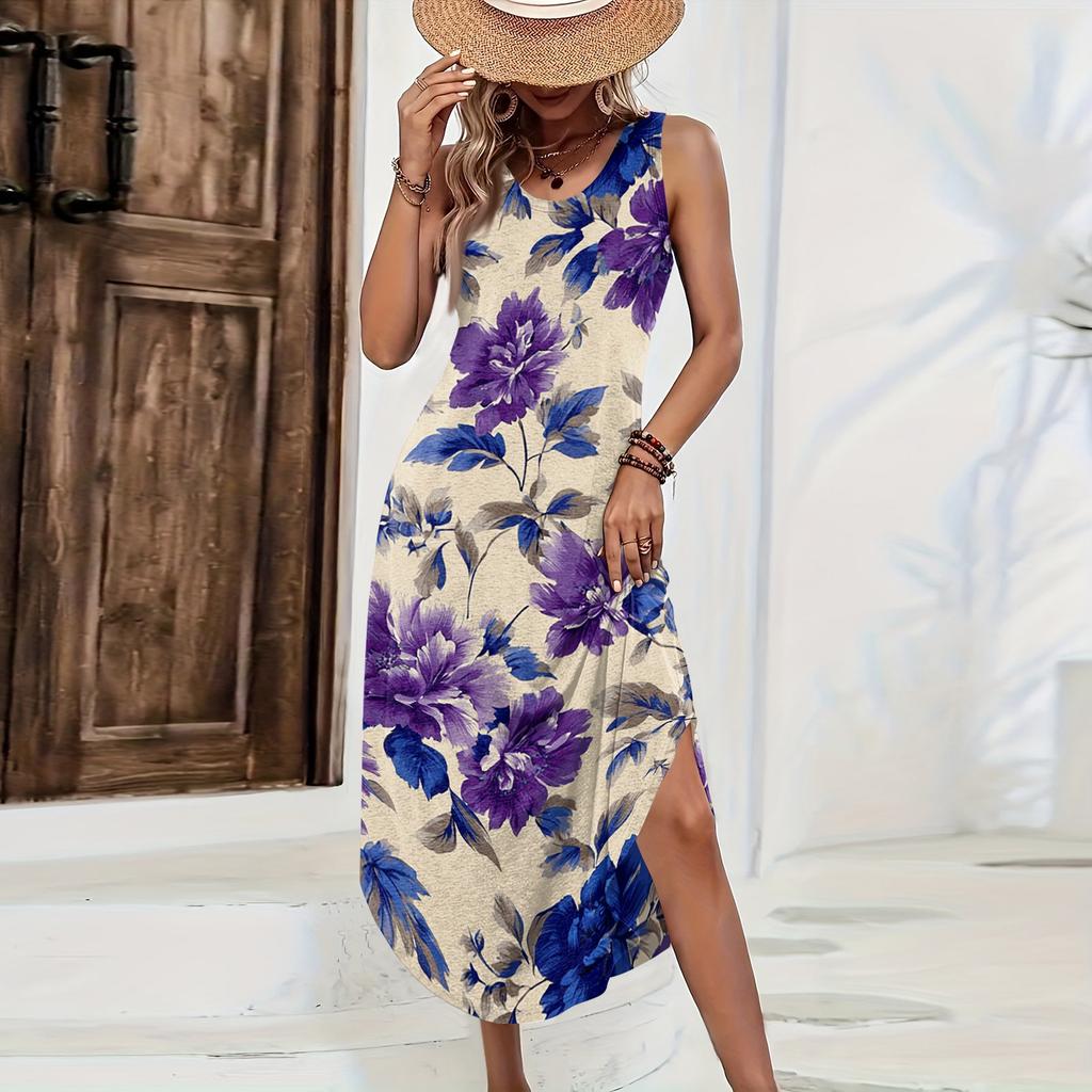 Women Sleeveless Floral Print Casual Loose Fit Long Dress Round Neck Side Slit Summer Maxi Dress for Daily Wear