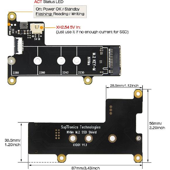 Geekworm X1001 PCIe To M.2 HAT Key-M NVMe SSD PIP PCIe Peripheral Board for Raspberry Pi 5 Support M.2 2230/2242/2260/2280 SSD