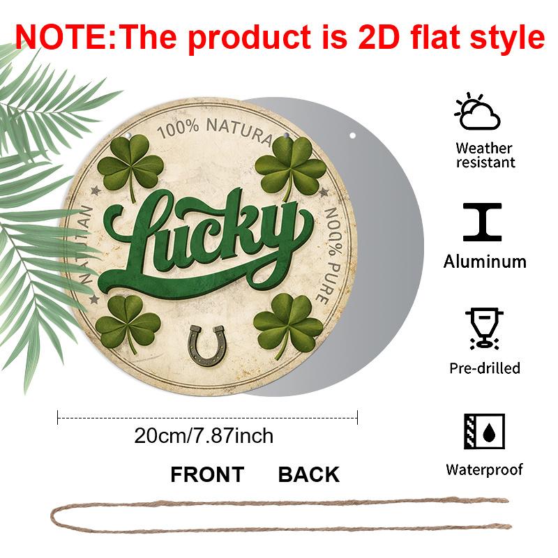 2D Flat - 1pc Round Sign, Vintage Aluminum Plaque with "Lucky Four Leaf Clover Horseshoe", "Lucky Charm Good Luck Blessing" Decorative Sign, Suitable