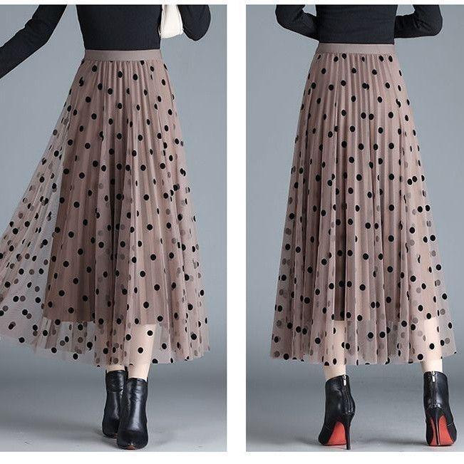 2025 Summer High Waist Polka Dot Floral Mesh Midi Skirt