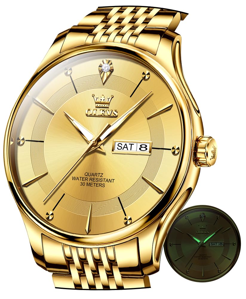 OLEVS Men's Quartz Watch with Diamonds, Metal Band, Date Display, Simple, Stylish, Lightweight, Luminous, Waterproof, Gold, for Men and Students