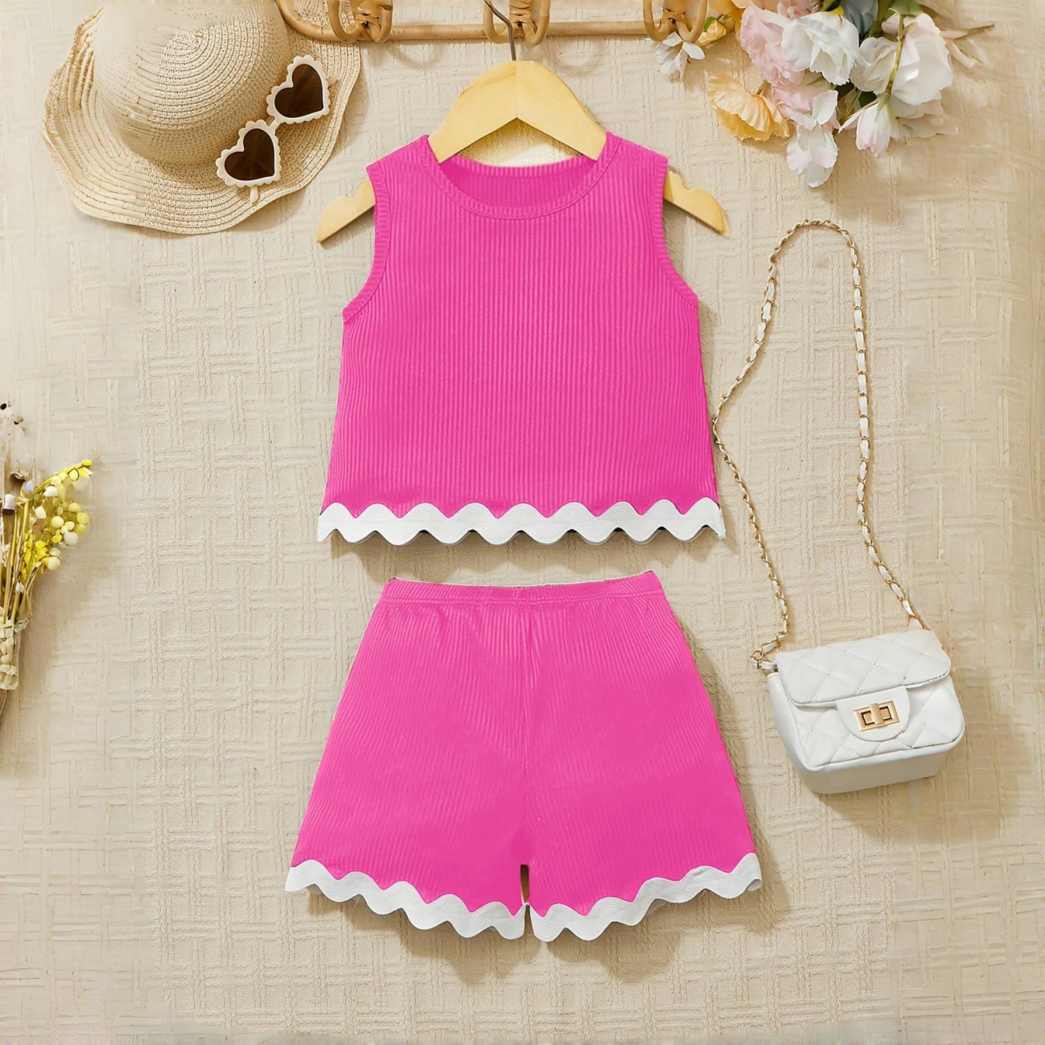 

Girls Summer Set: Solid-Color Lace Tank Top + Shorts Casual Two-Piece Set 11-12Y рожевий червоний колір
