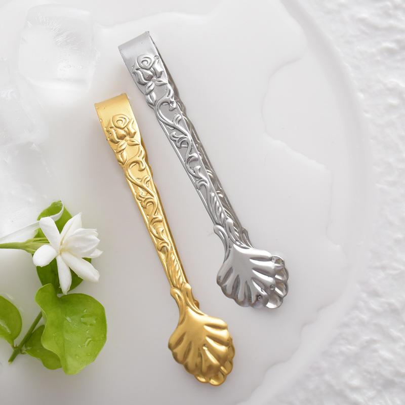 2pcs Food Clip Stainless Steel Sugar Clamp Ice Tongs With Embossed Rose Flower Handle Tweezers Tongs For Candy Cookie Tea Clips
