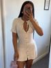 Gestrickte einreihige Sommer gefälschte Tasche O-Ausschnitt Kurzarm A-Linie weiß Büro Dame Minikleider
