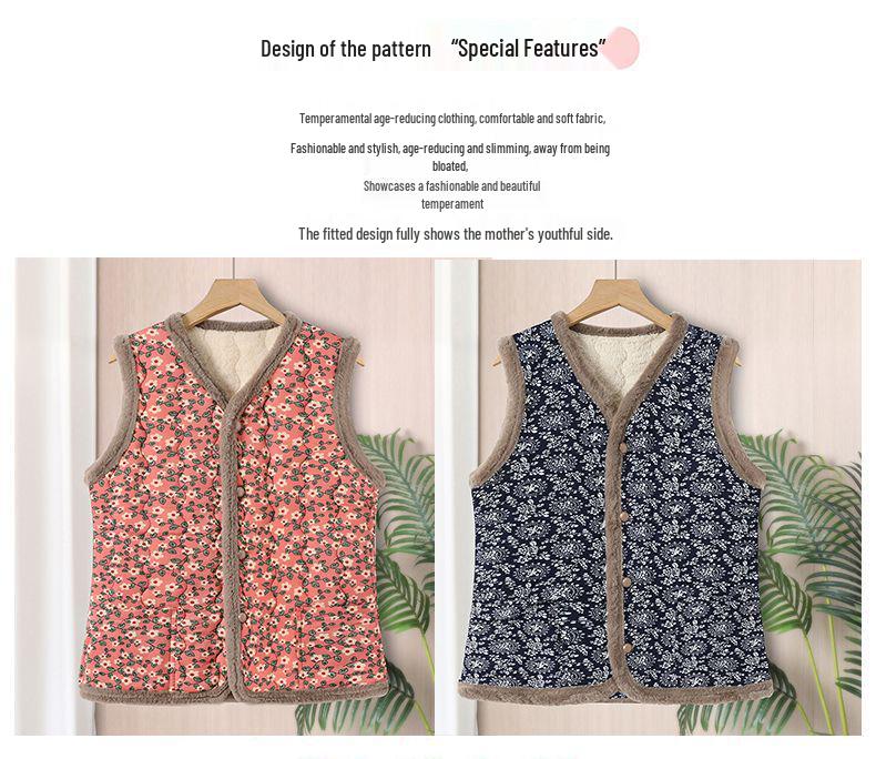 Mom's Floral Fleece-Lined Vest: Small, Cotton Sleeveless Jacket for Autumn/Winter Warmth, Princess Style