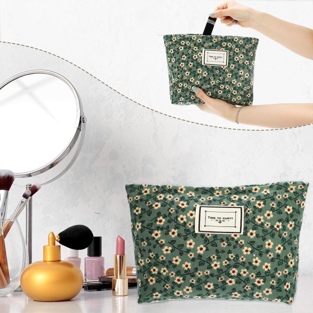 VOCOSTE Floral Print Makeup Large Capacity Makeup Pouch for Coin and Green Bag, Women, Purse, Foundation, Lipstick, Brushes,