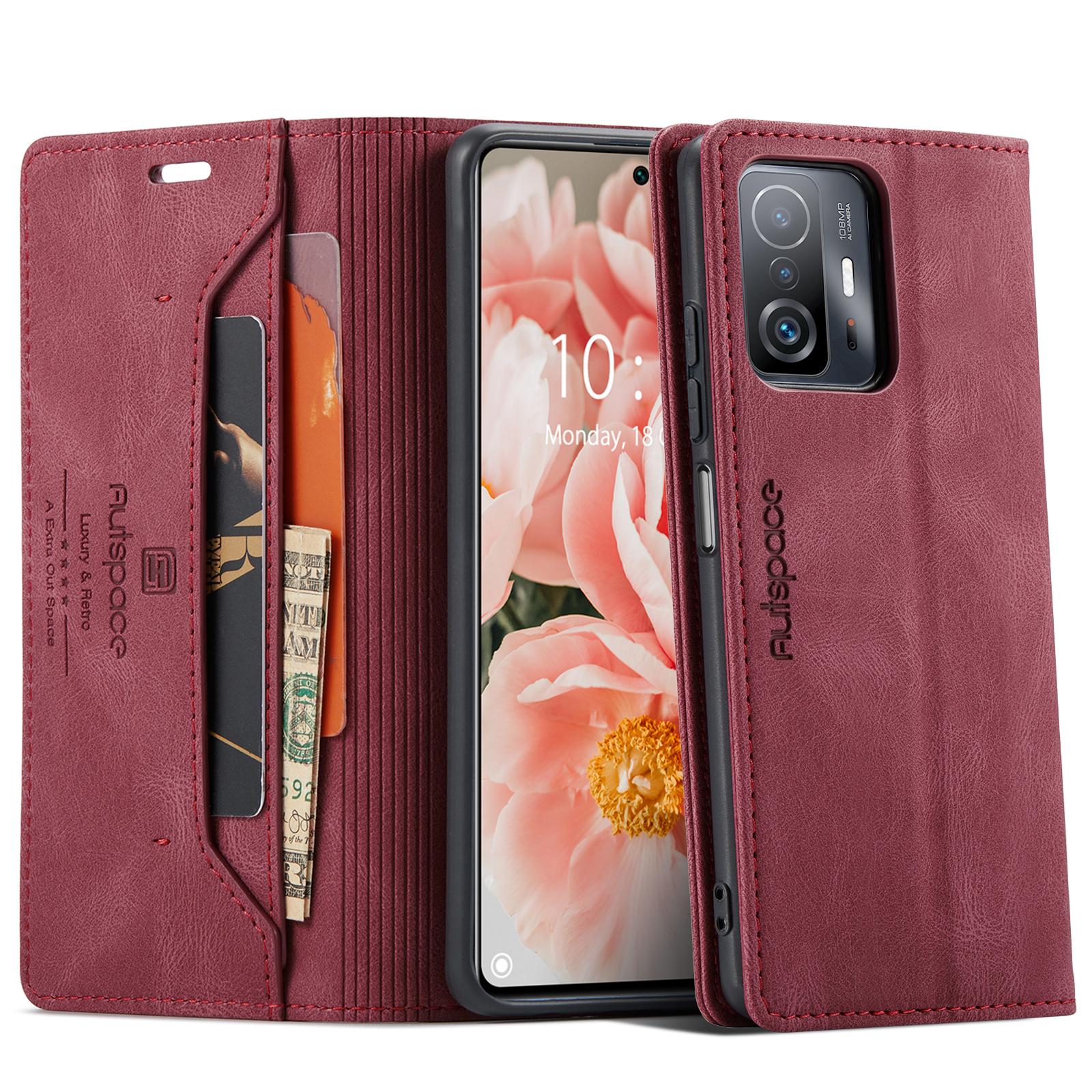 

For Xiaomi 11T Pro 5G/Xiaomi 11T 5G Wallet Case AUTSPACE A01 Leather Stand Cover with RFID Blocking Card Holder Red
