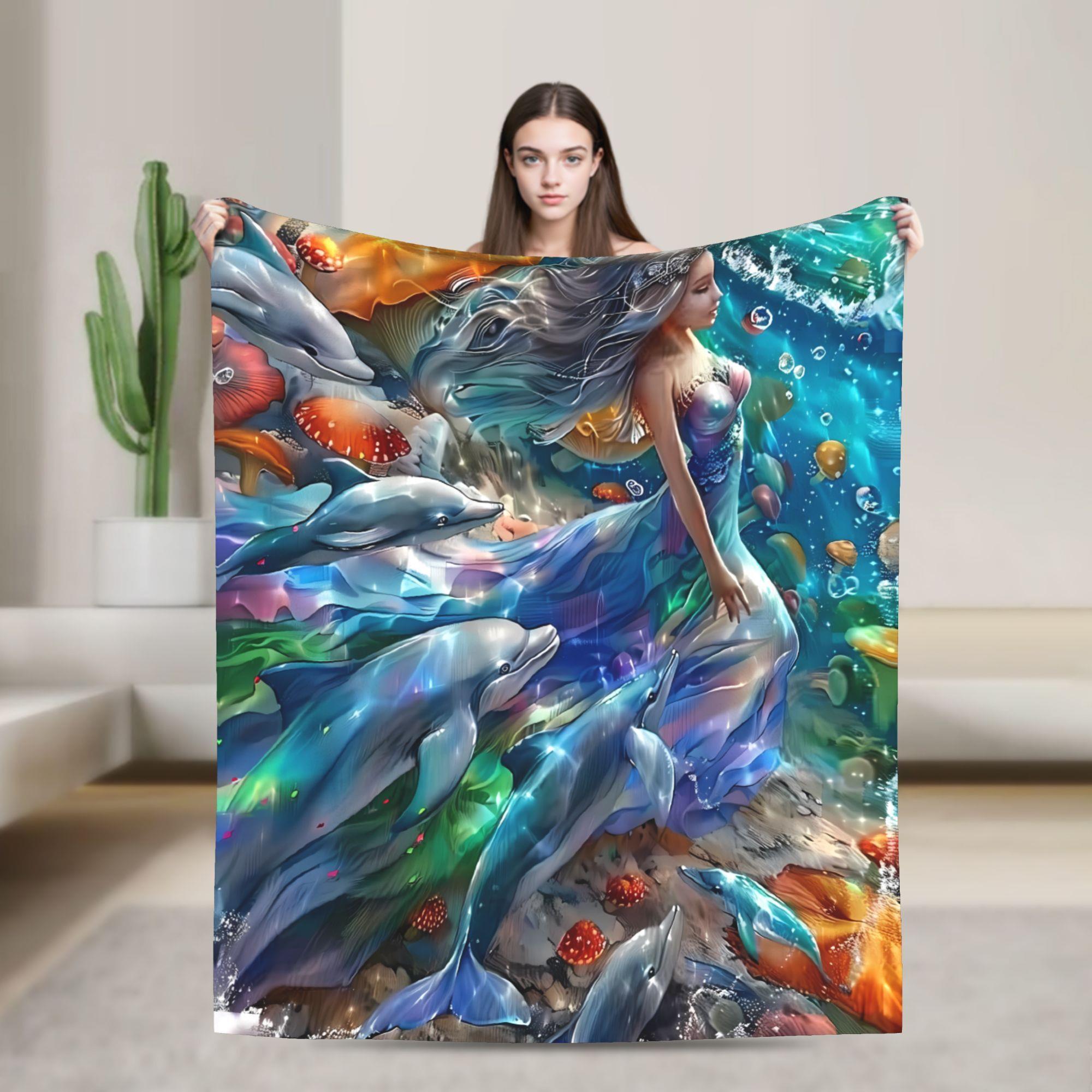

Girl with marine creature pattern Flannel printed blanket suitable for all seasons suitable for living room office sofa travel 75x90cm