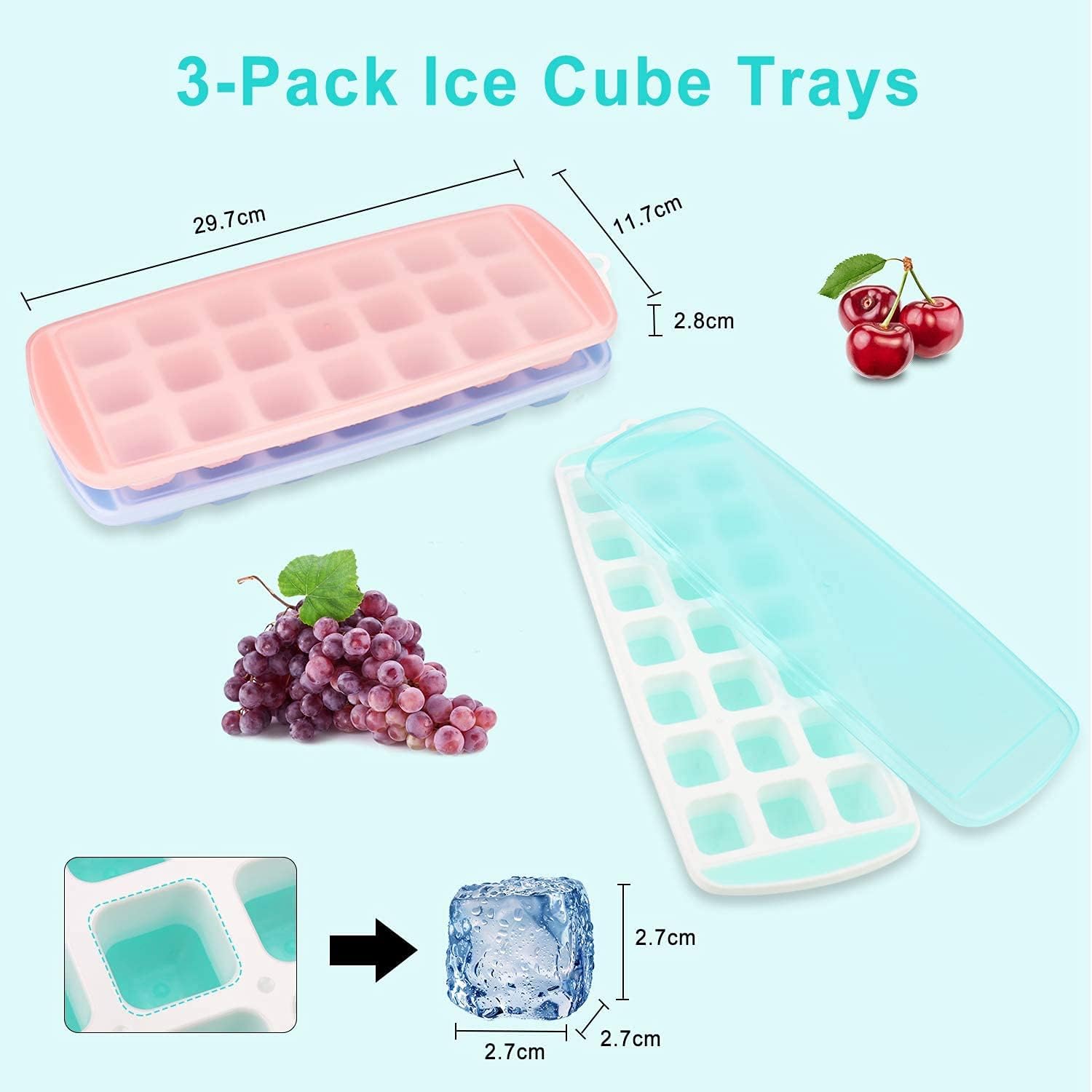 

Набор из 3 форм для льда с крышкой, Легко извлекаемые гибкие силиконовые формы для льда для морозильной камеры, Формы для льда для охлажденных напитков, виски и коктейлей,