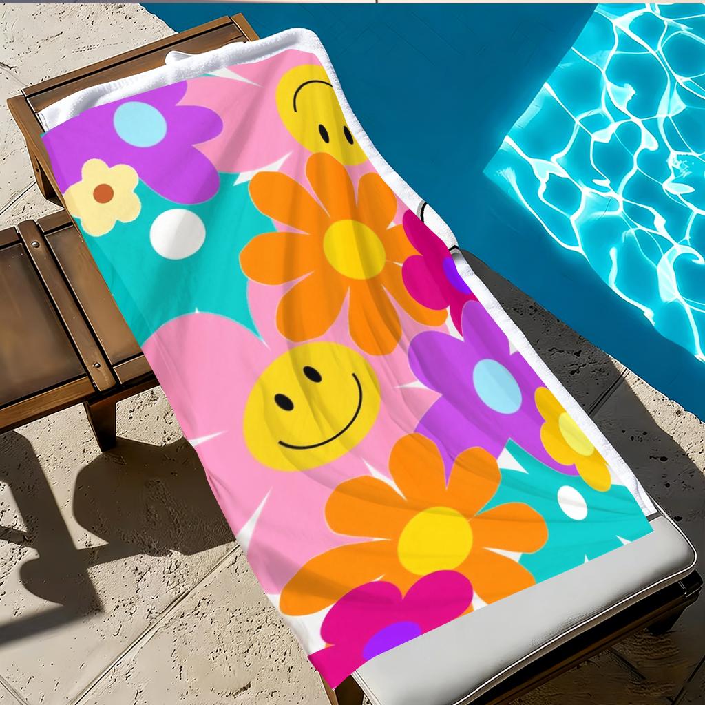 Asciugamano da Spiaggia Retro Faccina Sorridente e Margherita, Asciugamano in Microfibra Colorato con Stampa Floreale Groovy, Asciugamano Leggero Assorbente