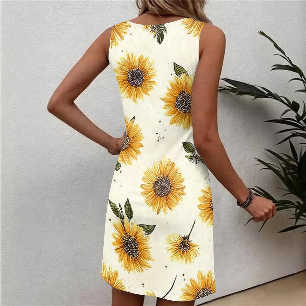 Robe sans manches à imprimé floral pour femme, décontractée, col rond, mini-robe d'été, tissu léger et doux, robe d'été