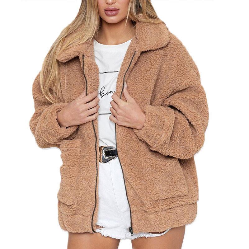 Bear Thick Womens Warm Fleece Jacket Coat Loose Zip Up Outwear Tops Casual