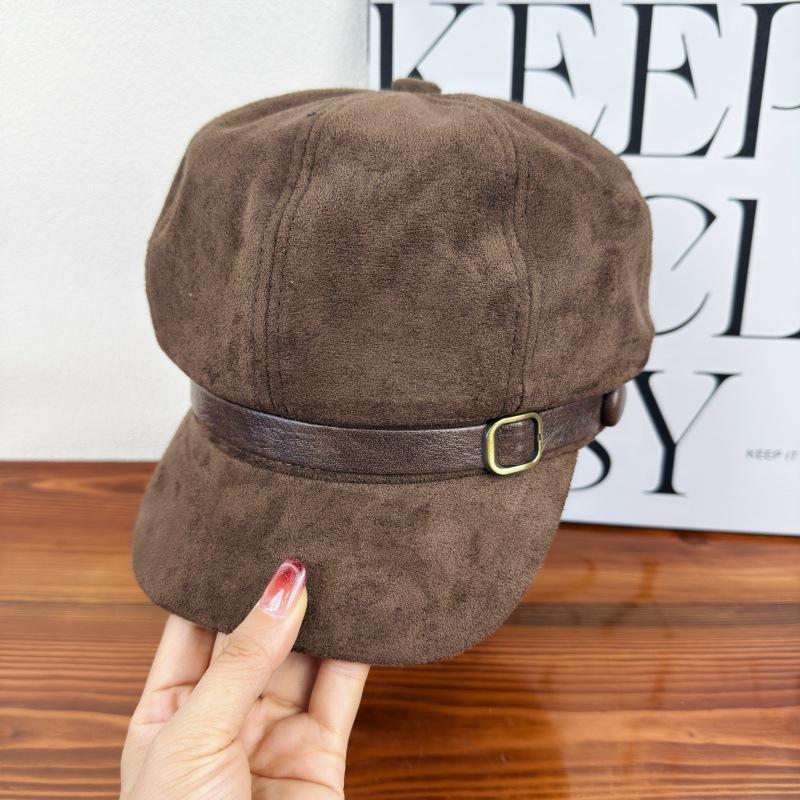 New retro suede octagonal hat children's autumn and winter face small versatile thermal beret metal leather buckle