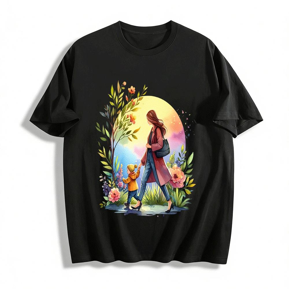 

Watercolor Mother Child Walk Floral Casual Top Pure cotton T-shirt XXS