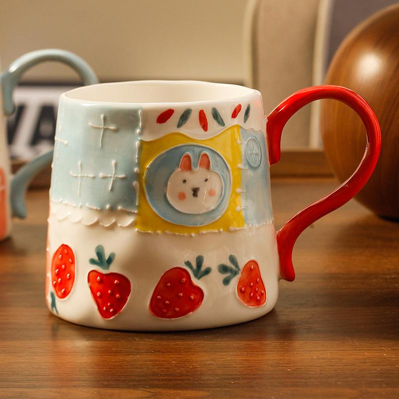 Niche Design Sense High Value Hand-painted Underglaze Color Relief Sewing Ceramic Mug Painted Large Capacity Breakfast Cup