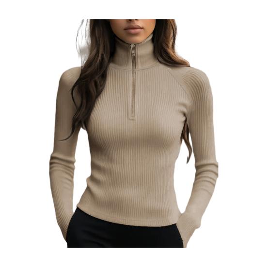 

Yousheng Bottom Tops Zipper Half Placket High Collar Long Sleeve Knitted Tops Solid Color Slim Fit Elastic Base Tops XL абрикосовый