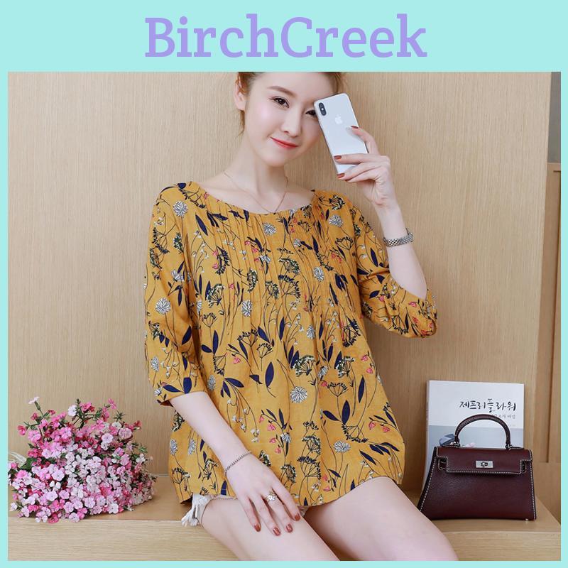 Elegant Womens Floral Print Casual Long Tops Shirt With Loose Vintage Ethnic Design And Crew Neck