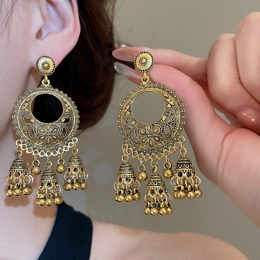 Round Hollow Bell Tassel Drop Earrings for Women 2025 New Retro Ethnic Style  Light Luxury High-end Zircon Girl Accessories