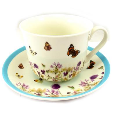 [A0778] - Multicolored Beige 'Romantic Butterflies' Porcelain Cup and Saucer - Cup 85x105 Mm