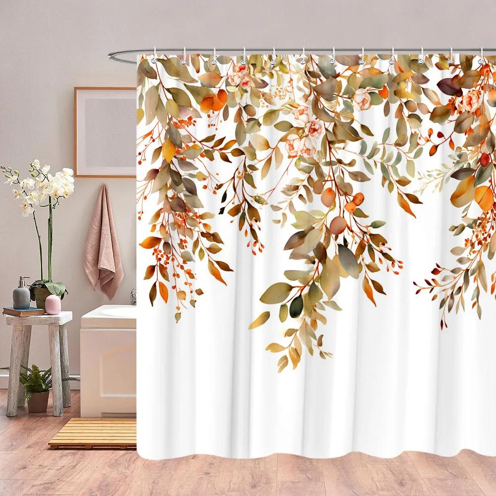 Autumn Eucalyptus Leaves Watercolour Shower Curtain Sagging Yellow Leaves Thanksgiving Gift Fabric Shower Curtain Bathroom Decor