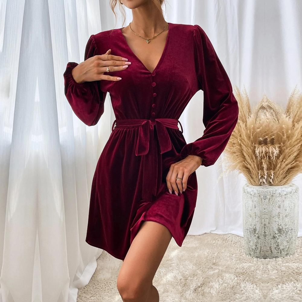 Women's V-neck Velvet Dress Autumn Winter Waist-cinching Slim-fit A-line Dress Long-sleeve Velvet Sexy Party Dress