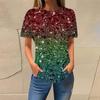 Summer Round Neck 3D Gradient Glitter Print Top Fashionable Casual Short Sleeved Women's T-shirts