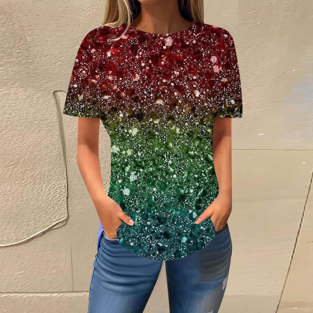 Summer Round Neck 3D Gradient Glitter Print Top Fashionable Casual Short Sleeved Women's T-shirts