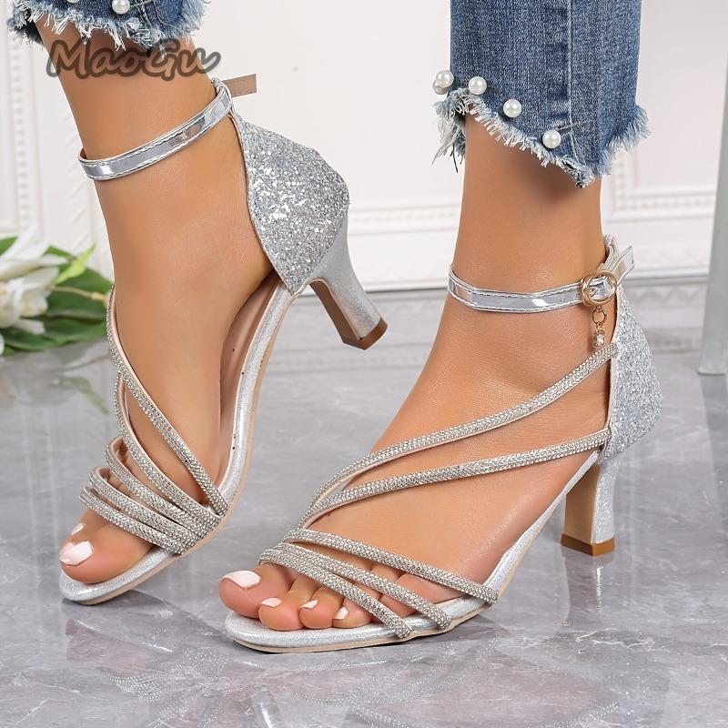 Fashion Elegant Women Wedding Party Prom Shoes Fashion Crystal Rhinestone Narrow Band Open Toe Thin High Heels Gladiator Sandals