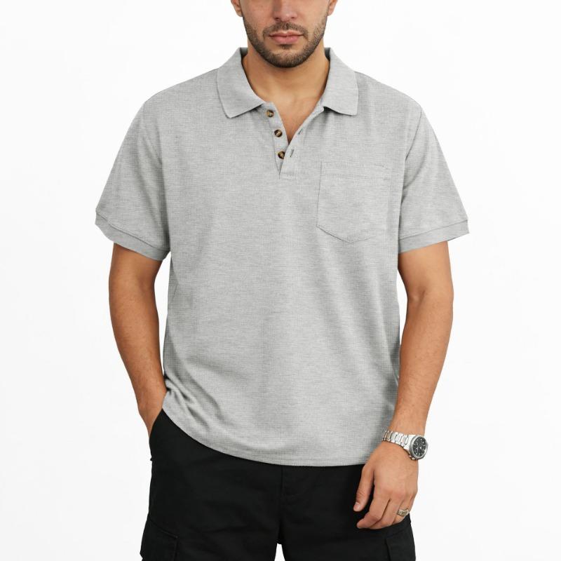 Men Chest Pocket Turn Down Collar Short Sleeve Casual Loose Polo Shirt