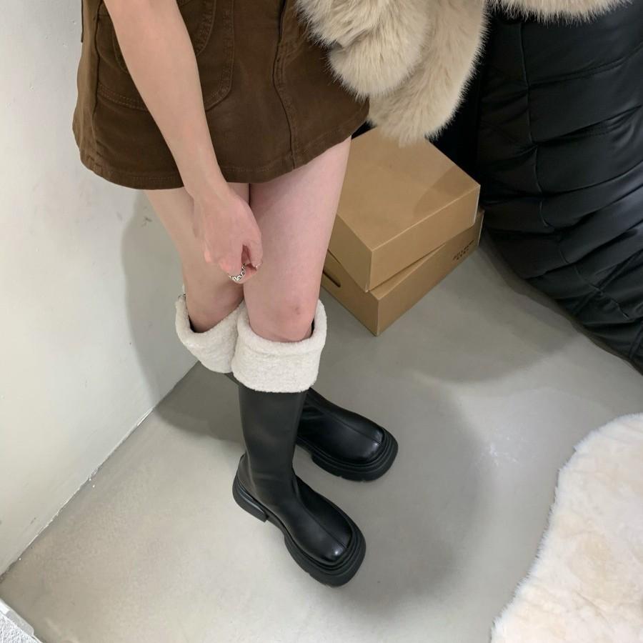 Boots for Women~ Autumn and Winter New Round Head Plush Thick-soled White Boots Medium Long Knight Boots for Women