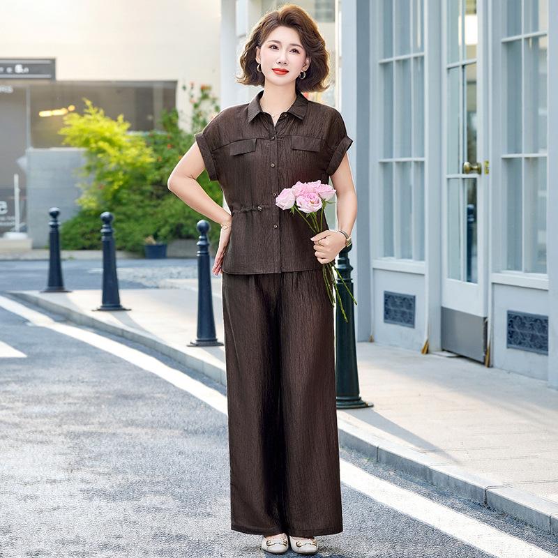 

Dignified Summer Two-Piece Set for Elegant, Mature Women: Noble Lady Wide-Leg Pants Outfit 3XL (115-130 jin)