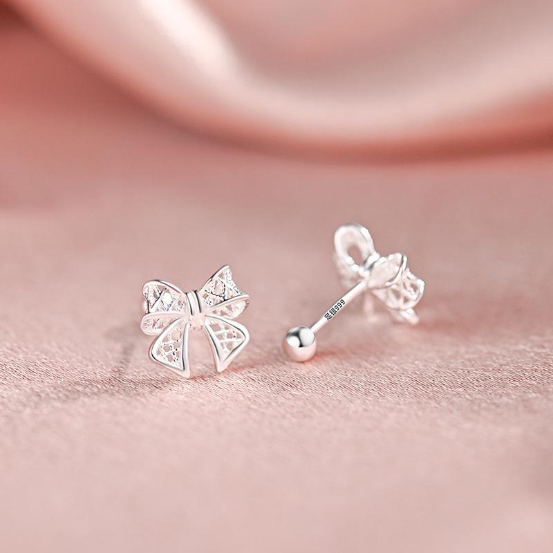 Bowknot 999 Sterling Silver Stud Earrings for Women, Luxury Niche Hollow Design Jewelry 999 Sterling Silver