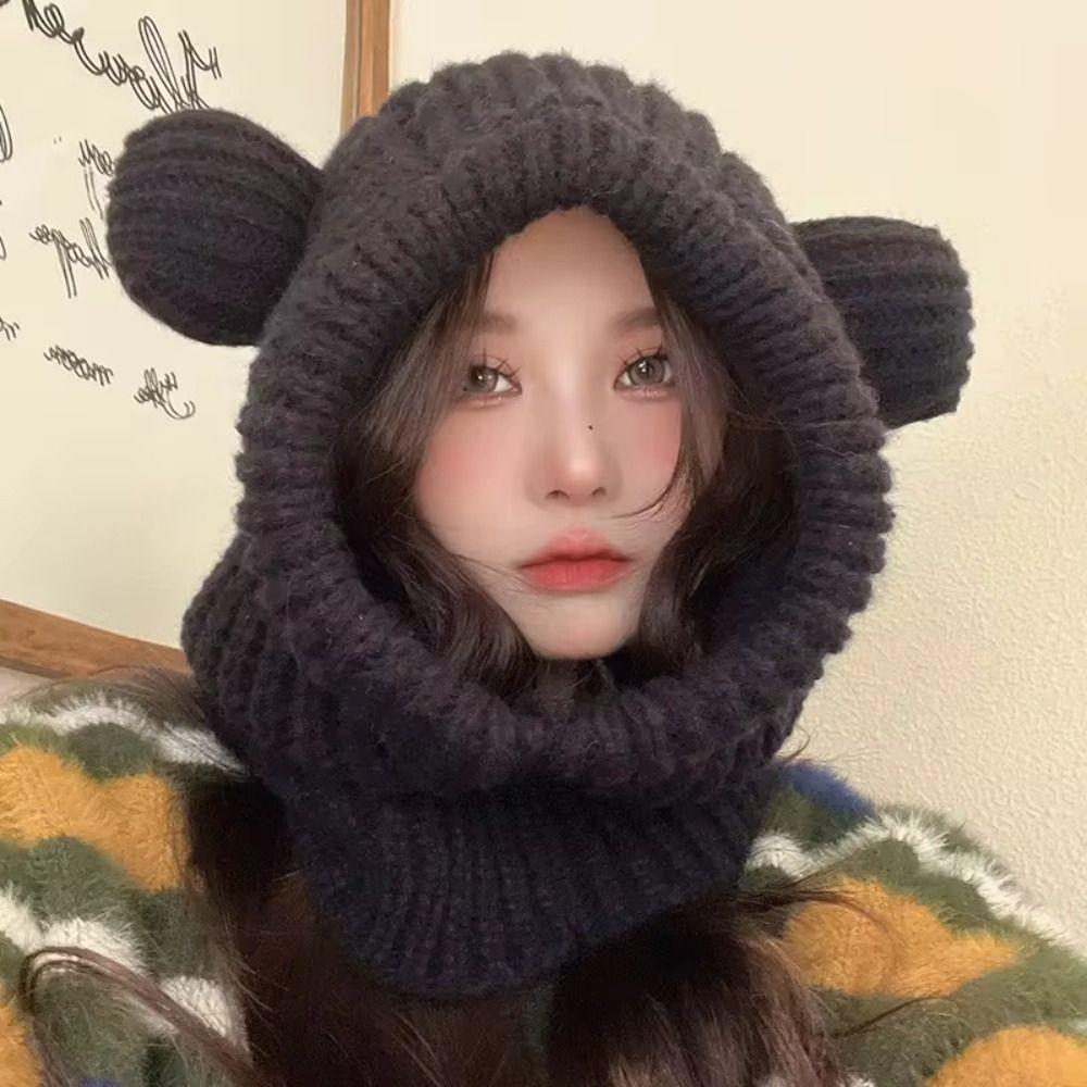 Windproof Balaclava Hat Bear Ear Pullover Hat Cute Ear Protection Scarf Hat  Female/Girls