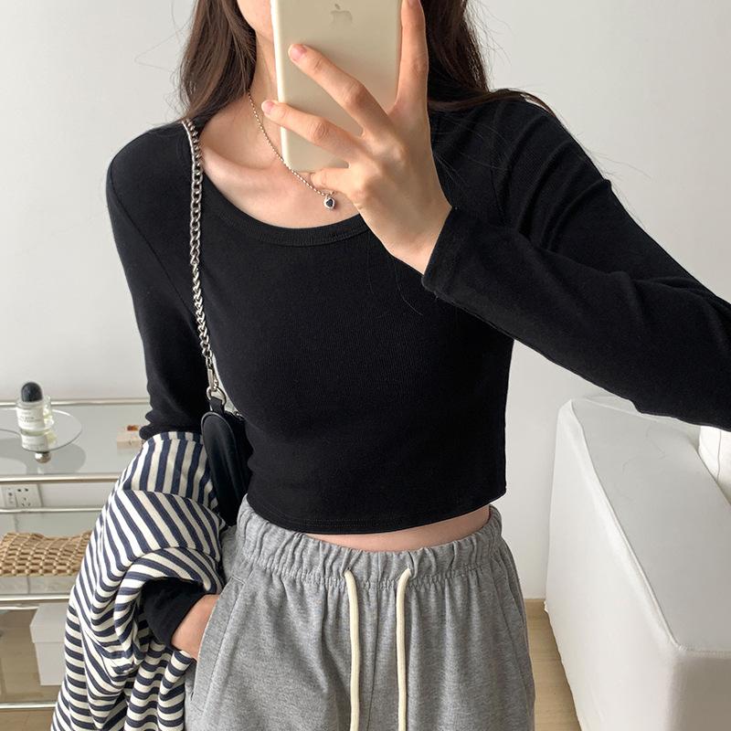 

Футболка с длинными рукавами в стиле горячей девушки Pure Desire, женская, с U-образным вырезом, сексуальная, короткая, облегающая, весна-лето, новый, модный топ XL