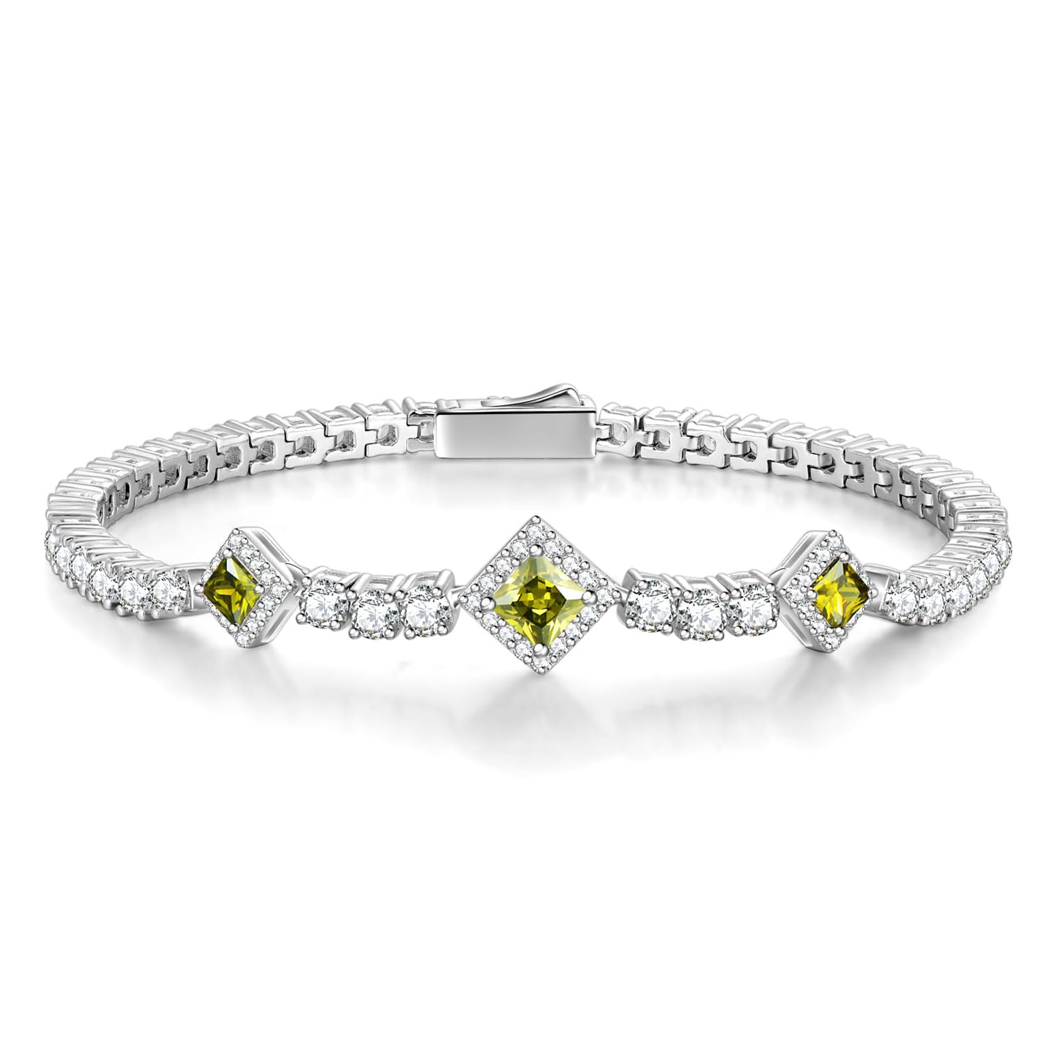 

FANCIME Tennis Bracelet with Square Cut Cubic 3mm August Cube Tennis Sterling Silver Power Brand Gift Women s Peridot, Zirconia, Wide, Birthstone,