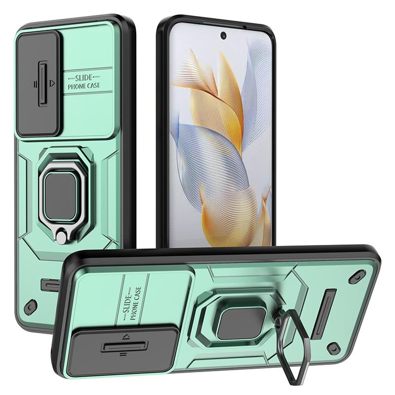 For Honor 90 Case PC+TPU Ring Kickstand Cellphone Cover with Slide Lens Guard