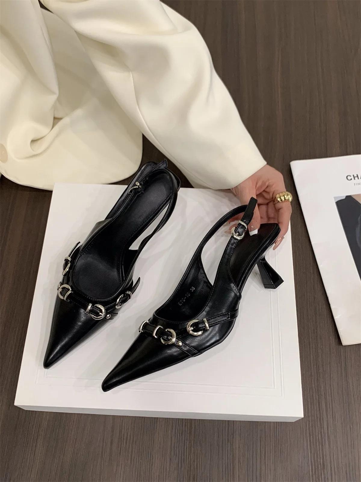 

Женские модные туфли на высоком каблуке с острым носком, летние, с пряжкой на тонком каблуке, женские туфли Baotou Silver Empty на высоком каблуке 35 чёрный